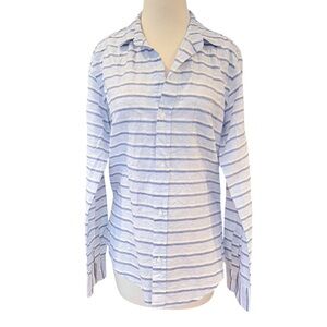 Frank & Eileen Barry Blue Button Up White Striped Lightweight Crinkle Large